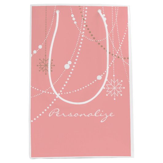 雪のピンクのミッドセンチュリーエレガント冬かわいい ミディアムペーパーバッグ (正面)