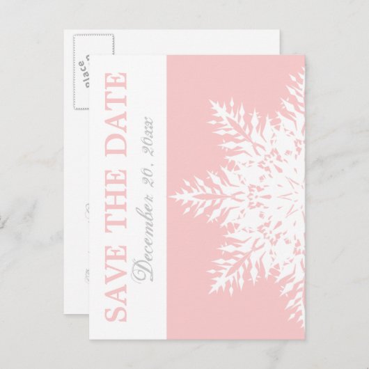 雪のピンクの冬の結婚式の日付を保存 案内ポストカード (正面/裏面)