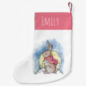 雪のピンクの可愛い子供たち冬のバニー スモールクリスマスストッキング (裏面)