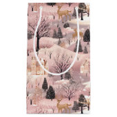 雪のピンクの鹿の森 スモールペーパーバッグ (正面)