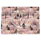 雪のピンクの鹿の森 ラージペーパーバッグ (正面)