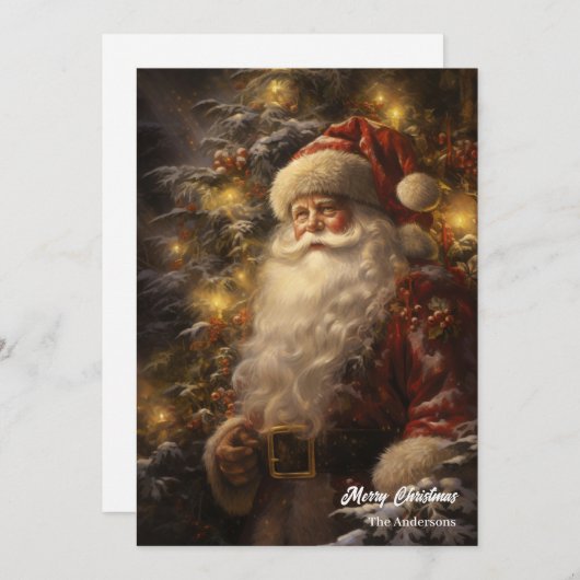 雪のファッションド森の中の古いサンタクロース シーズンカード (正面/裏面)
