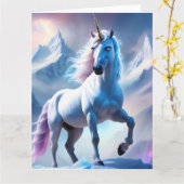 雪のファンタジーに佇む魅惑のユニコーン カード (黄色い花)