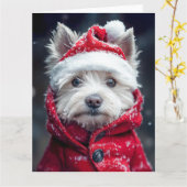 雪のフェスティブなウェストハイランドホワイトテリア カード (黄色い花)