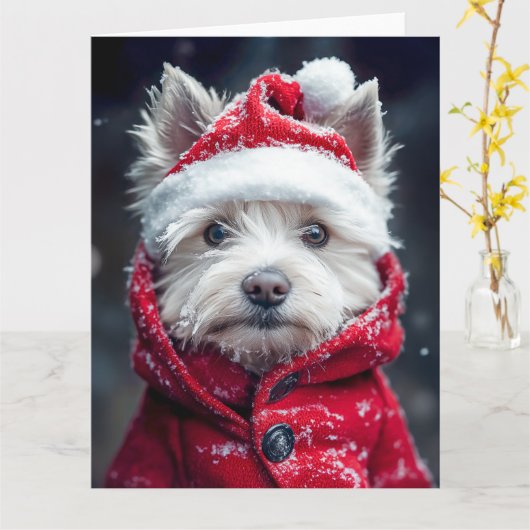 雪のフェスティブなウェストハイランドホワイトテリア カード (黄色い花)
