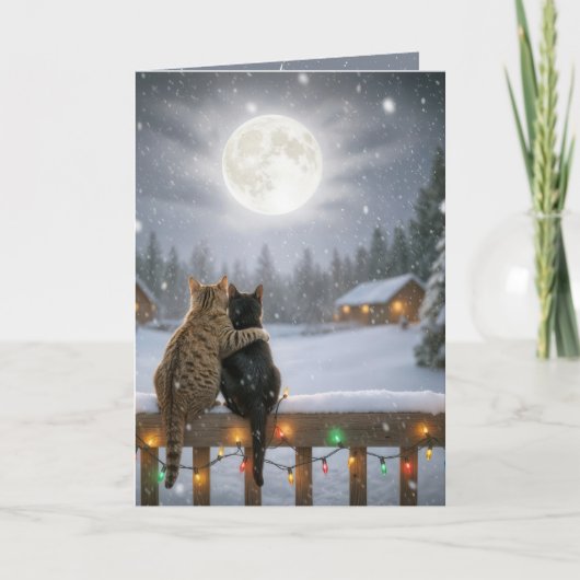 雪のフェンスで寄り添うクリスマスの猫たち カード (正面)