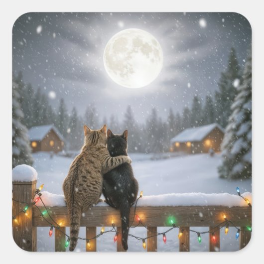 雪のフェンスで寄り添うクリスマスの猫たち スクエアシール (正面)