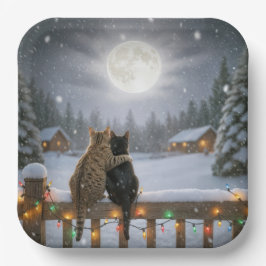 雪のフェンスで寄り添うクリスマスの猫たち ペーパープレート