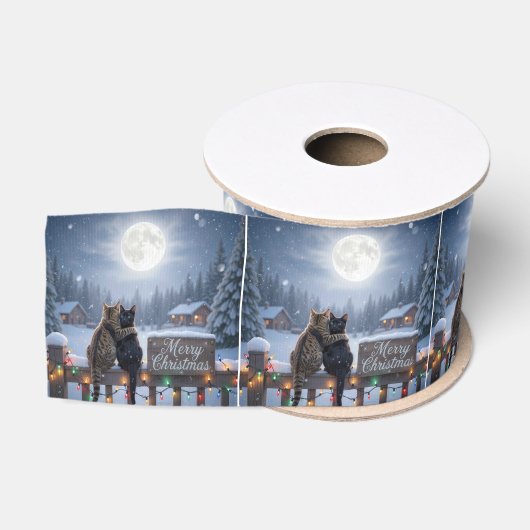 雪のフェンスで抱き合うクリスマスの猫たち グログランリボン (リール)