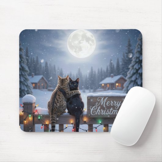 雪のフェンスで抱き合うクリスマスの猫たち マウスパッド (マウス)
