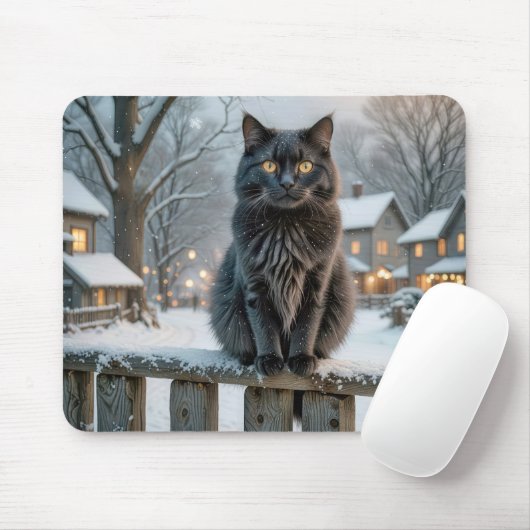 雪のフェンスに佇む黒猫 マウスパッド (マウス)