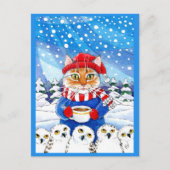 雪のフクロウが咲く可愛い猫の冬のクリスマスポストカード ポストカード (正面)