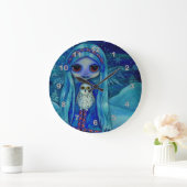 雪のフクロウフェアリー魔法の冬の雪片子供部屋 ラージ壁時計 (ホーム)