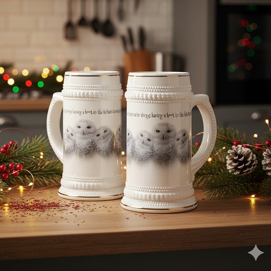 雪のフクロウ一家の夢のような知恵 ビールジョッキ