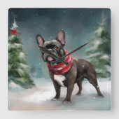 雪のフランスのクリスマスにブルドッグ スクエア壁時計 (正面)