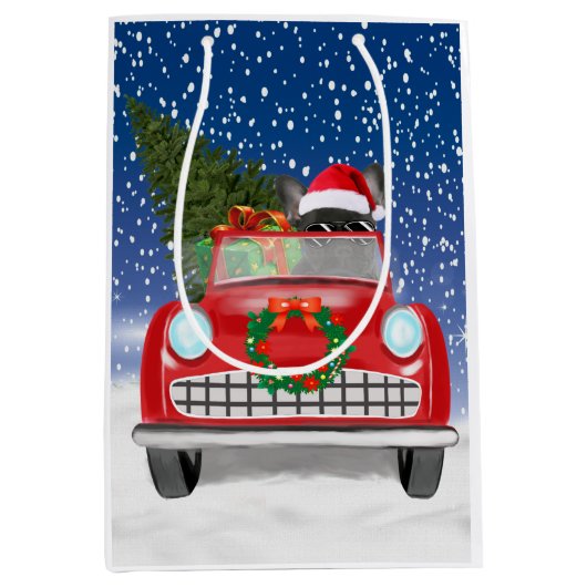 雪のフランスのクリスマスに車を運転するブルドッグ ミディアムペーパーバッグ (正面)