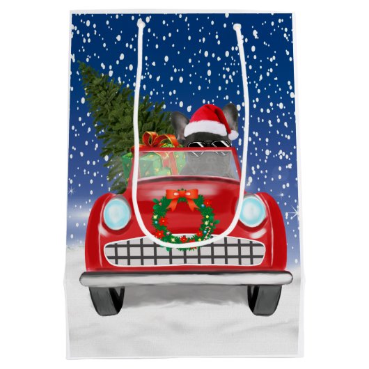 雪のフランスのクリスマスに車を運転するブルドッグ ミディアムペーパーバッグ (裏面)