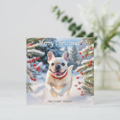 雪のフランスの中でブルドッグのクリームをメリークリスマス シーズンカード (スタンド正面)