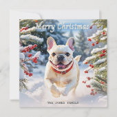 雪のフランスの中でブルドッグのクリームをメリークリスマス シーズンカード (正面)