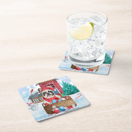 雪のフランスの中のブルドッグのクリスマスドッグハウス スクエアペーパーコースター (インサイチュ)