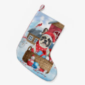 雪のフランスの中のブルドッグのクリスマスドッグハウス スモールクリスマスストッキング (正面 (吊り時))