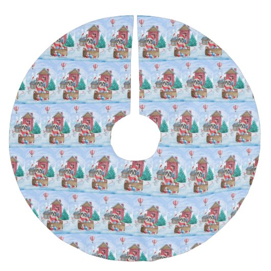 雪のフランスの中のブルドッグのクリスマスドッグハウス ブラッシュドポリエステルツリースカート (正面)