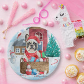 雪のフランスの中のブルドッグのクリスマスドッグハウス ペーパープレート (パーティー)