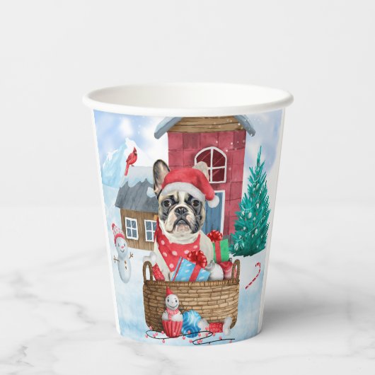 雪のフランスの中のブルドッグのクリスマスドッグハウス 紙コップ (裏面)