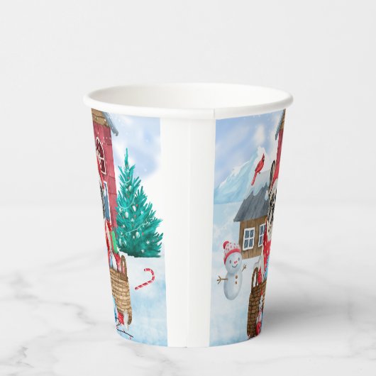 雪のフランスの中のブルドッグのクリスマスドッグハウス 紙コップ (右)