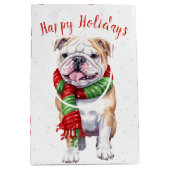 雪のフレークの中のクリスマス・ブルドッグ ミディアムペーパーバッグ (正面)