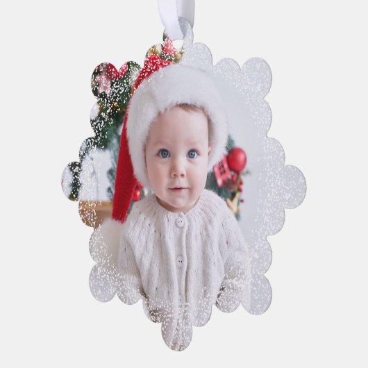 雪のフレームシンプルの一枚の写真グリーンメリークリスマス オーナメントカード (左)