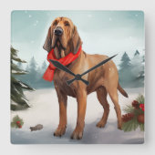 雪のブラッドハウンド クリスマス スクエア壁時計 (正面)