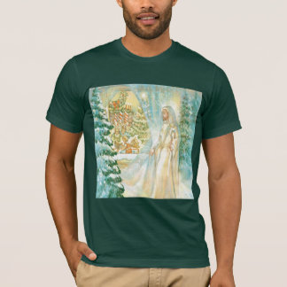 雪のベールによって見るクリスマスのイエス・キリスト Tシャツ