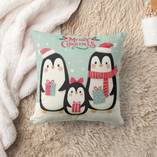 雪のペンギンのメリークリスマス クッション (ブランケット)