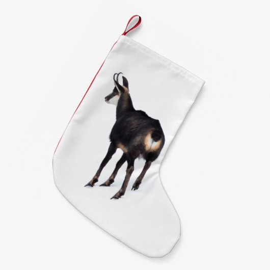 雪のミニマル上でアルパインシャモア山ヤギ スモールクリスマスストッキング (正面 (吊り時))
