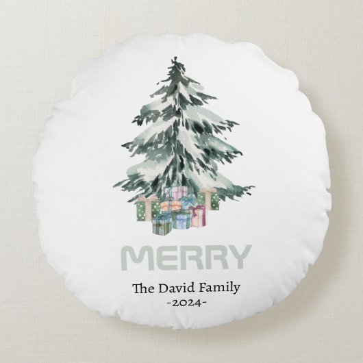 雪のメリー水色パインクリスマスツリーギフト ラウンドクッション (正面)