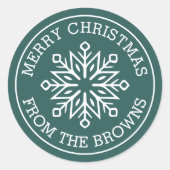 雪のモダン結晶の名前パイングリーンメリークリスマス ラウンドシール (正面)