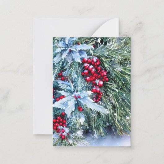 雪のモミの木とヒイラギのミニクリスマス ノートカード (正面)