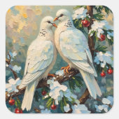 雪のモミの枝に止まるヴィンテージのクリスマスの鳩 スクエアシール (正面)