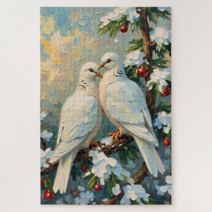 雪のモミの枝に止まるヴィンテージクリスマスの鳩 ジグソーパズル