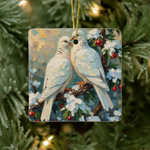 雪のモミの枝に止まるヴィンテージクリスマスの鳩 セラミックオーナメント