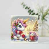 雪のユニコーンがホットココアを楽しむ シーズンカード (スタンド正面)