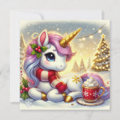 雪のユニコーンがホットココアを楽しむ シーズンカード (正面)