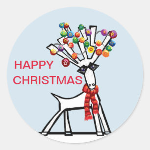 雪のライトの中で幸せなクリスマスのトナカイパーティー ラウンドシール