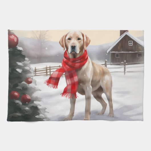 雪のラブラドール犬 クリスマス キッチンタオル (横)