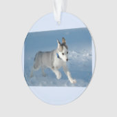 雪のランニング中で子犬の子供 オーナメント (正面)