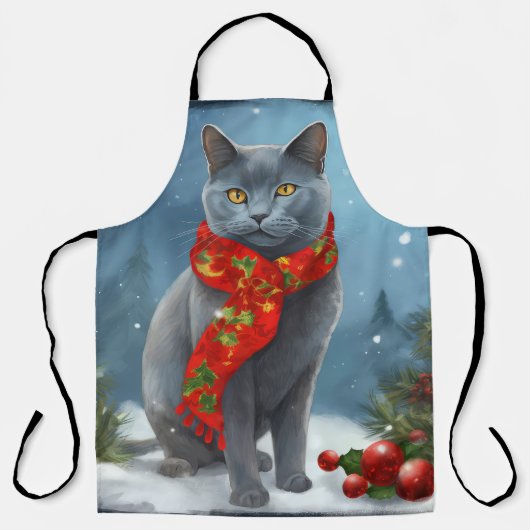 雪のロシアのクリスマスに青い猫 エプロン (正面)