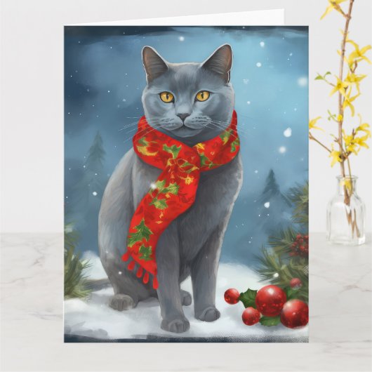 雪のロシアのクリスマスに青い猫 カード (黄色い花)