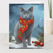 雪のロシアのクリスマスに青い猫 カード (正面)