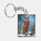 雪のロシアのクリスマスに青い猫 キーホルダー (正面左)
